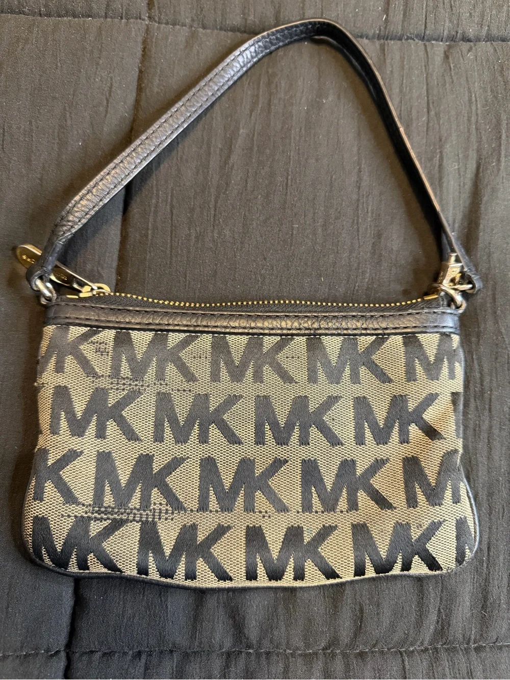 Michael Kors Black and Beige MK Logo Sequin Wristlet